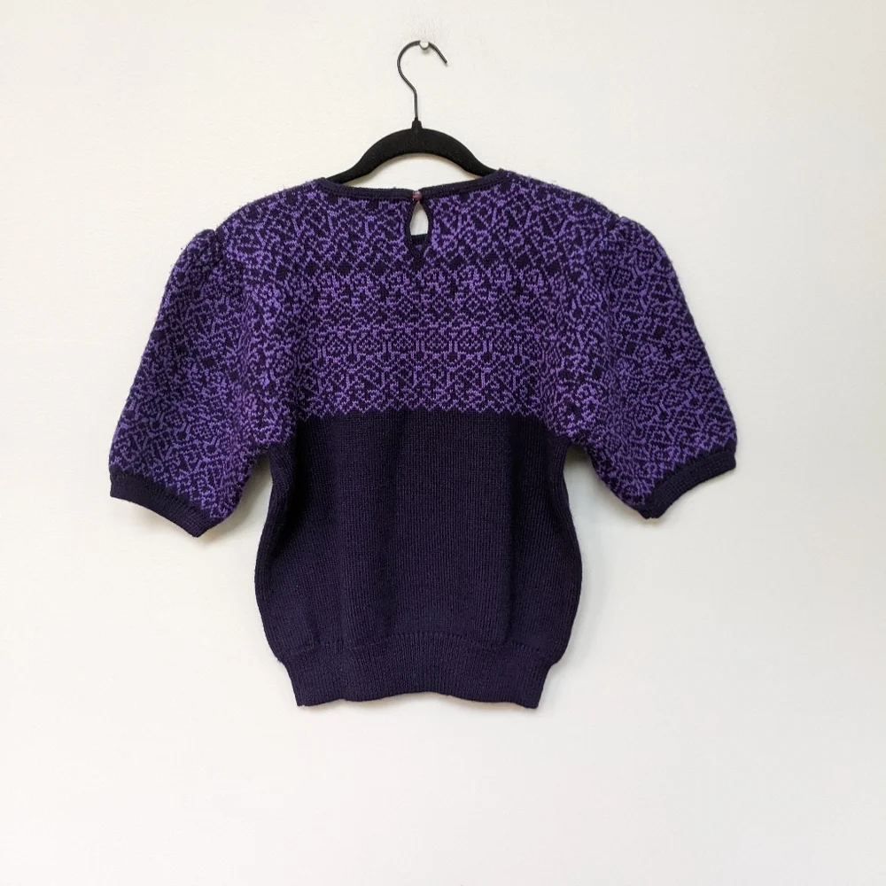 Vintage 80s Susan Bristol Puff Sleeve Sweater Wool Purple Floral Embroidered M - Picture 4 of 5